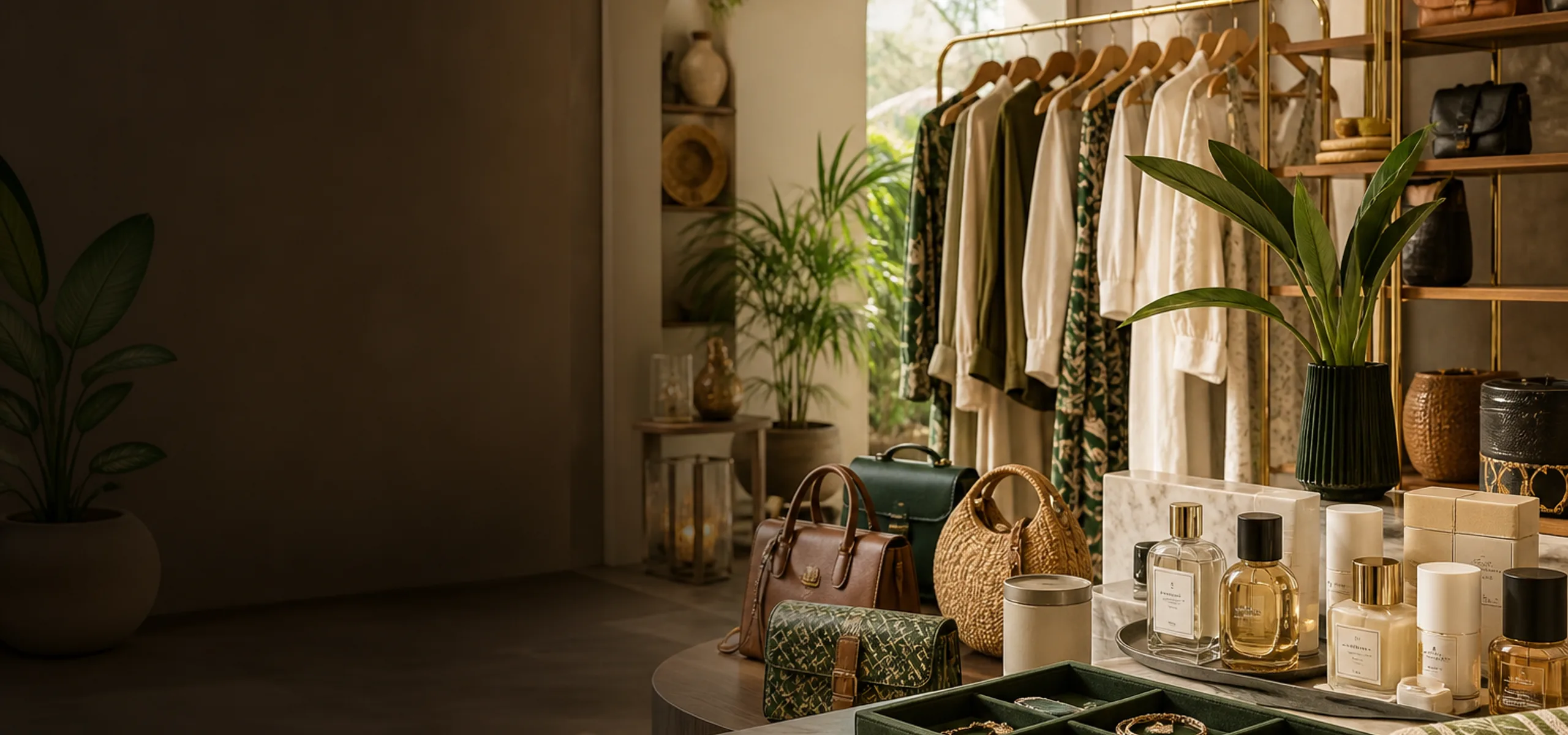 Warm luxury boutique marketplace with fashion, beauty, jewelry, accessories, and lifestyle products in an elegant Tanzanian retail setting