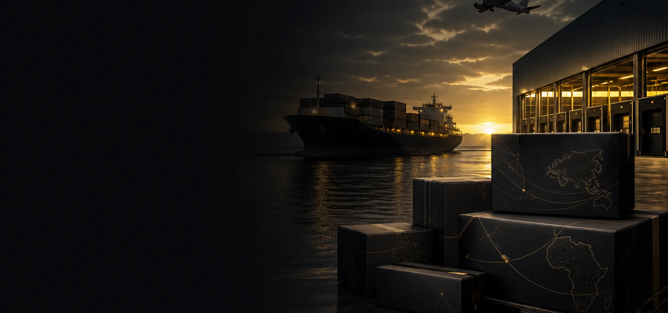Luxury international logistics scene with cargo shipping, air freight, and premium branded packages on a China to Tanzania import journey